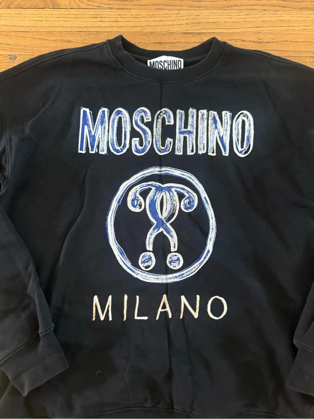 Moschino Milano Black Crewneck Sweatshirt with Blue and White Logo